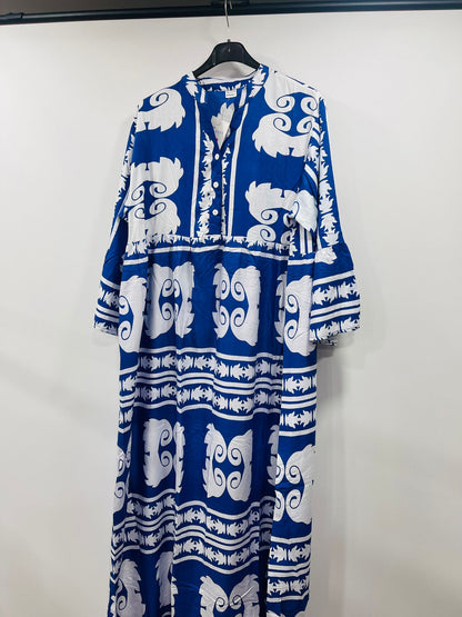 Women's Loose-Fit Bohemian Print Dress with Ruffled Sleeves - MANSURI FASHIONS