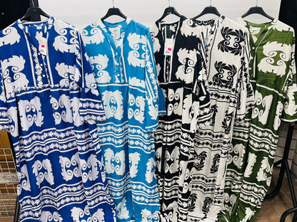 Women's Loose-Fit Bohemian Print Dress with Ruffled Sleeves - MANSURI FASHIONS