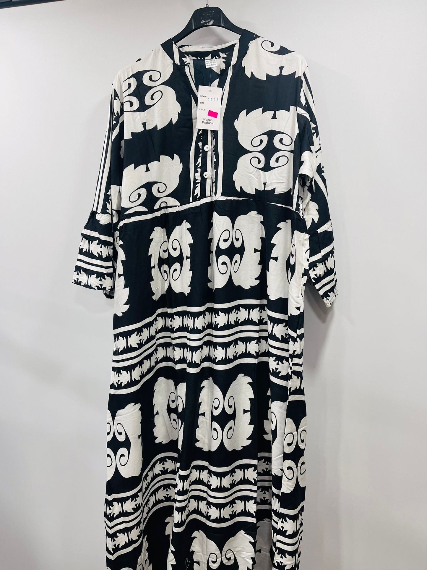 Women's Loose-Fit Bohemian Print Dress with Ruffled Sleeves - MANSURI FASHIONS