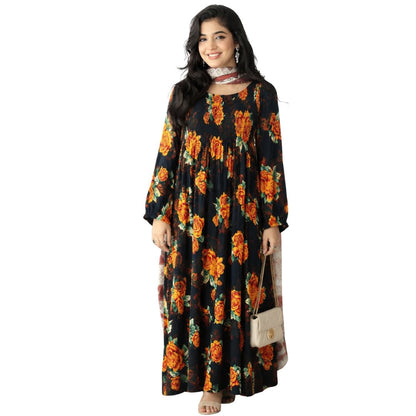 Women's Smocked Long Sleeve Dress with Botanical Print - MANSURI FASHIONS