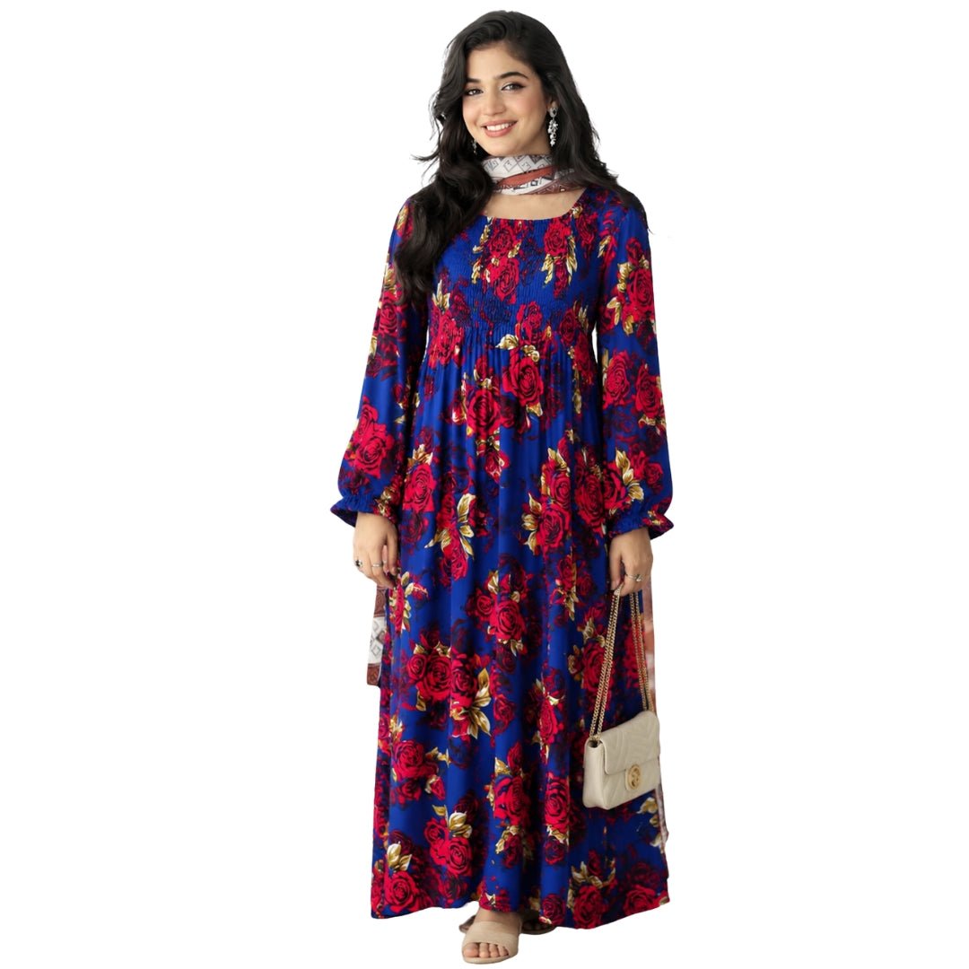 Women's Smocked Long Sleeve Dress with Botanical Print - MANSURI FASHIONS