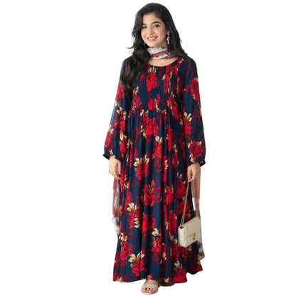 Women's Smocked Long Sleeve Dress with Botanical Print - MANSURI FASHIONS